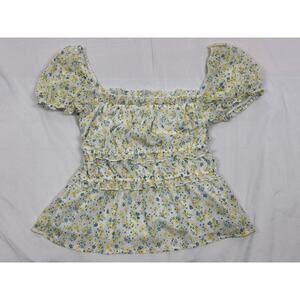 Mi Ami Floral Yellow Blue White Floral Top Peasant Blouse Cottage Babydoll Sz S